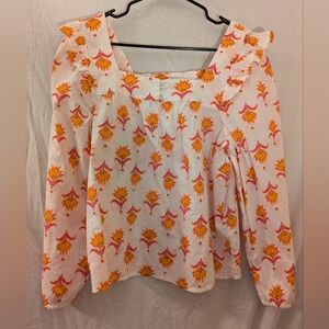 J. Crew White and Orange Ruffled Long Sleeve Blouse Sz. M